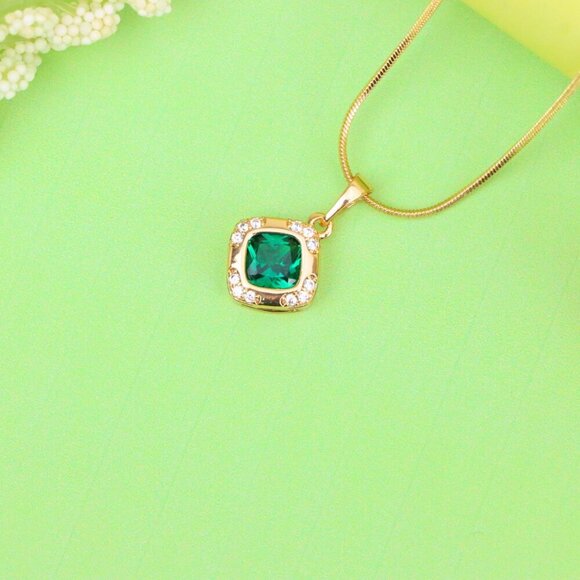 "Green Cushion Stone Pendant in Gold Plated Brass with Crystal Halo, XPPT1768 - Picture 13 of 14